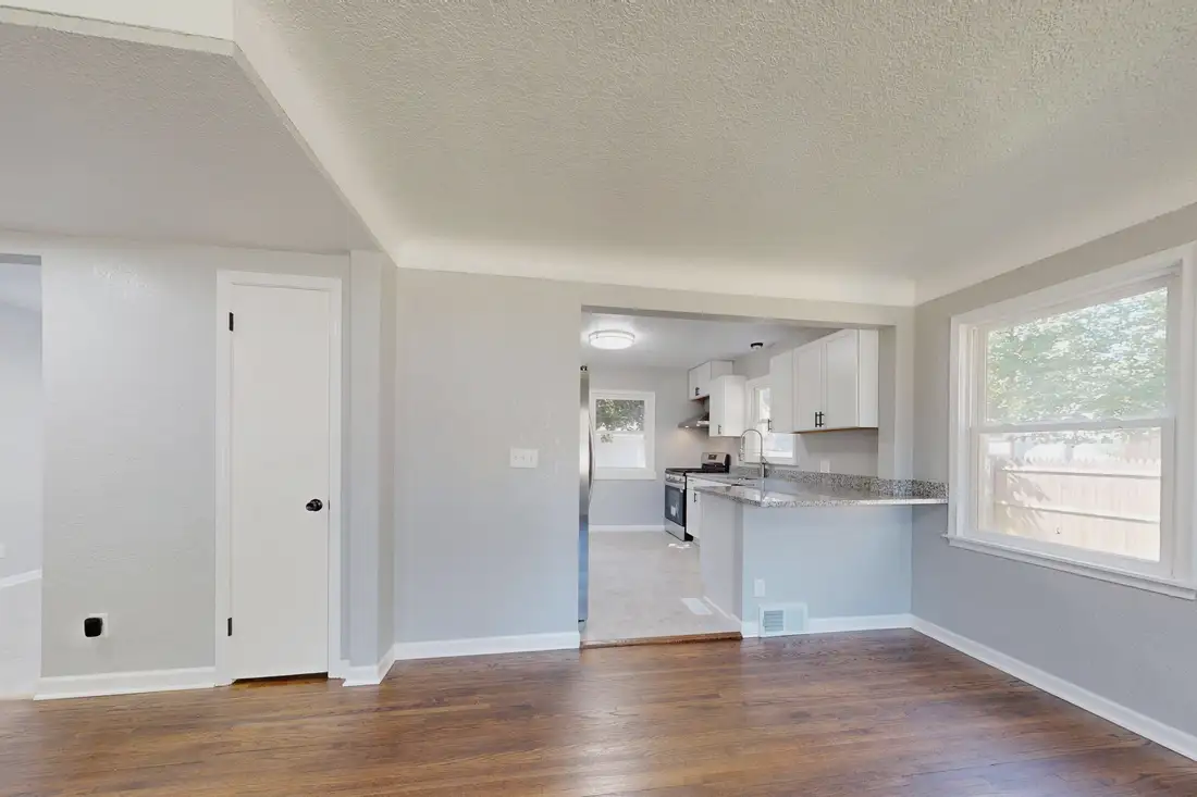 Kitchen and dining with wood floors